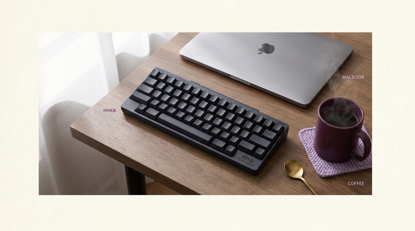 HHKB Professional HYBRID Type-S 墨色を木目調デスクの上に俯瞰で配置、隣にMacBookとコーヒーマグ、朝の自然光
