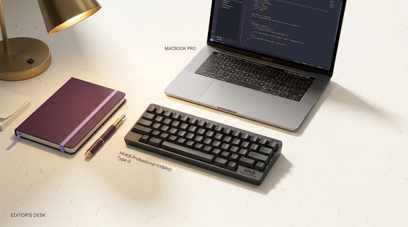 HHKB Professional HYBRID Type-S 英語配列／墨を木製デスクの上に斜め角度で配置、コードエディタを表示したMacBook Proが背景、暖かいデスクライト