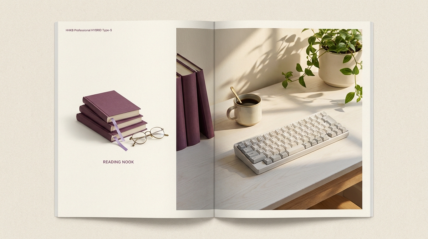 HHKB Professional HYBRID Type-S 日本語配列／白を北欧系の白い木目デスクに配置、観葉植物と陶器マグカップ、自然光が差し込む明るいオフィス