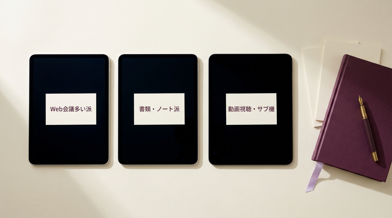 仕事用 iPad の意思決定フロー俯瞰静物。明るい木目の机に M4 / M2 / M1 の3台 iPad Pro 11インチが薄く影を落として並び、各端末の上に小さな白いカードで「Web会議多い派」「書類・ノート派」「動画視聴・サブ機」と用
