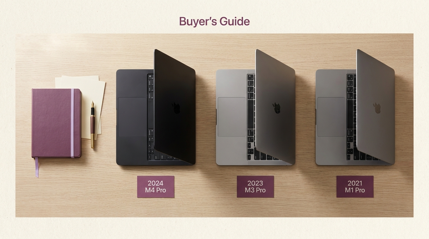 2024 M4 Pro 14インチ・2023 M3 Pro 14インチ・2021 M1 Pro 14インチの3台のスペースグレイ/スペースブラック MacBook Pro が、明るい木目のデスクに半開きで並ぶ俯瞰静物。それぞれの下に小さなプ