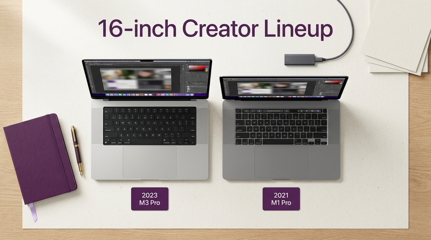 2023 M3 Pro 16インチと 2021 M1 Pro 16インチの2台のMacBook Pro(シルバーとスペースグレイ)が、明るい木目のデスクに半開きで並ぶ俯瞰静物。背景に外付けNVMe SSDと革のノート。それぞれの下に小さなプ