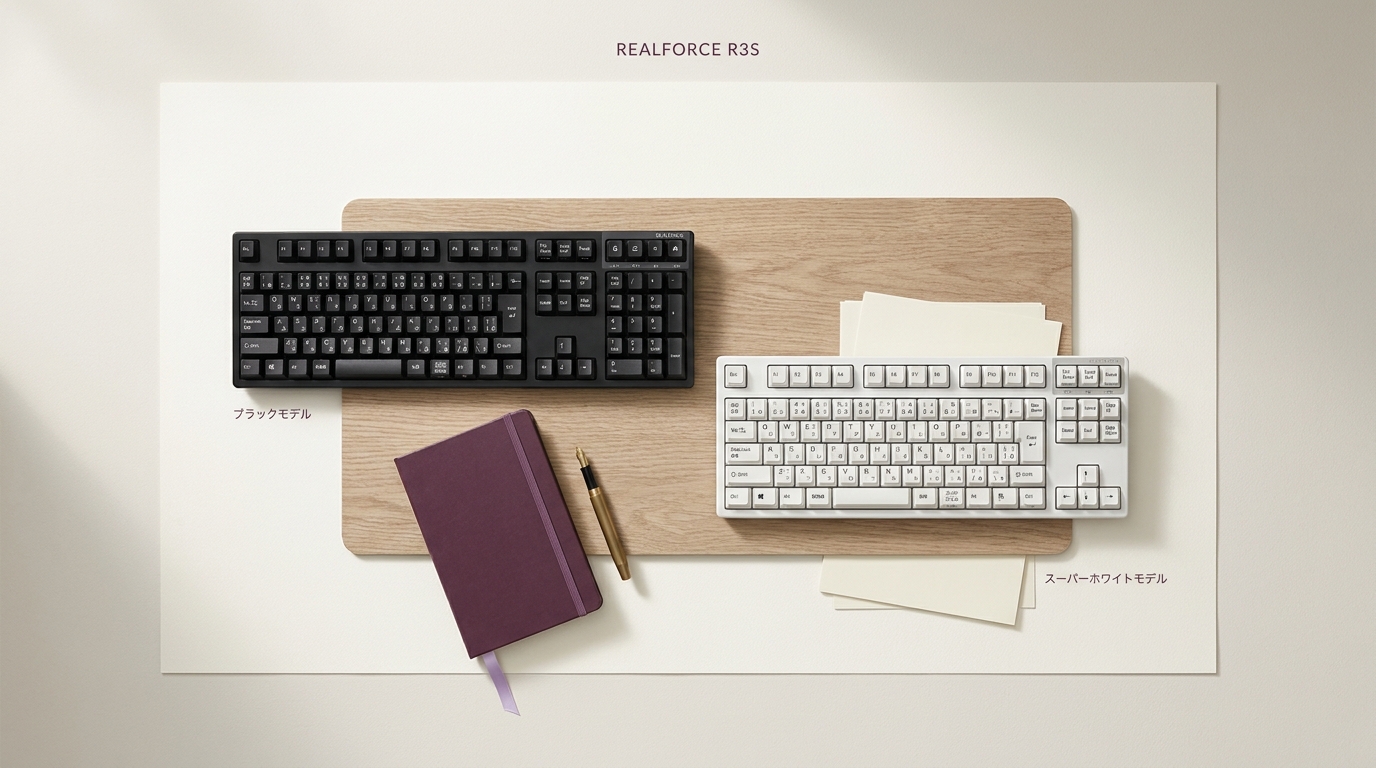 REALFORCE R3Sのブラックモデルとホワイトモデルが木目調デスクマットの上に並ぶ俯瞰スティルライフ。左にブラック・フルサイズ、右にスーパーホワイト・テンキーレスを配置。Section label 'REALFORCE R3S' を画