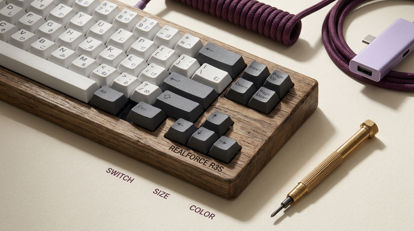 REALFORCE R3Sのキーキャップ拡大ショット。白とチャコールのキーキャップが並び、質感と刻印が際立つマクロ構図。木製スタンドに立てかけて展示。「Switch / Size / Color」の3軸ラベルを下部に