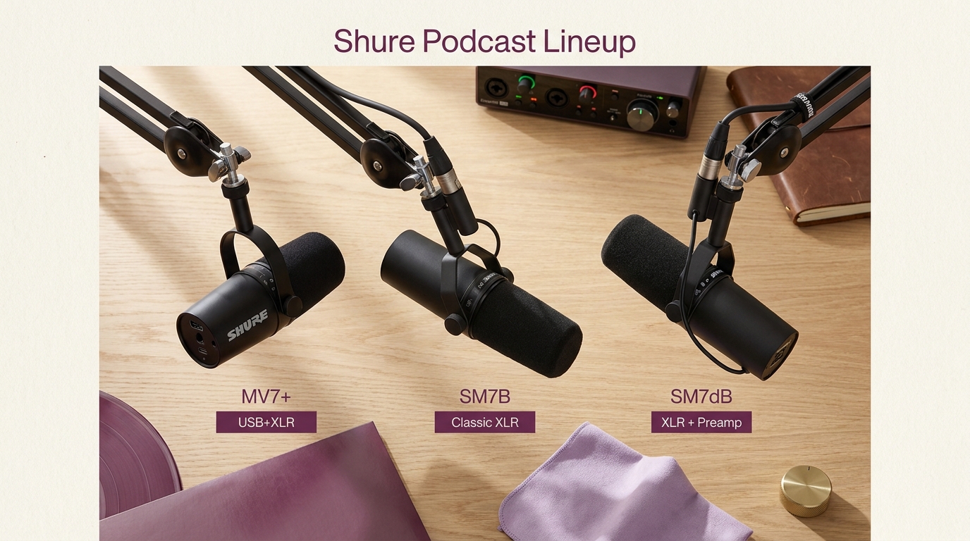 Shure MV7+(黒・USB-Cポート)/ Shure SM7B(黒・古典ブロードキャスト形状)/ Shure SM7dB(黒・XLR出力+プリアンプスイッチ)の3本のダイナミックマイクが、明るい木目のデスク上にブームアームに取り付けら