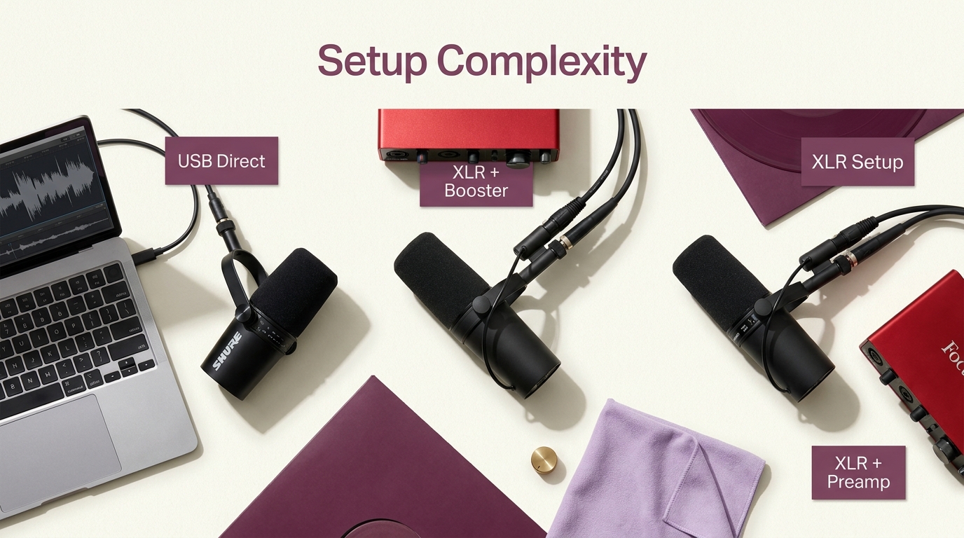 Shure SM7B(XLRケーブル接続)/ Shure MV7+(USB-Cケーブル接続)/ Shure SM7dB(XLR + プリアンプスイッチ)の3本のマイクが、各接続ケーブルとオーディオI/F(Focusrite Scarlett