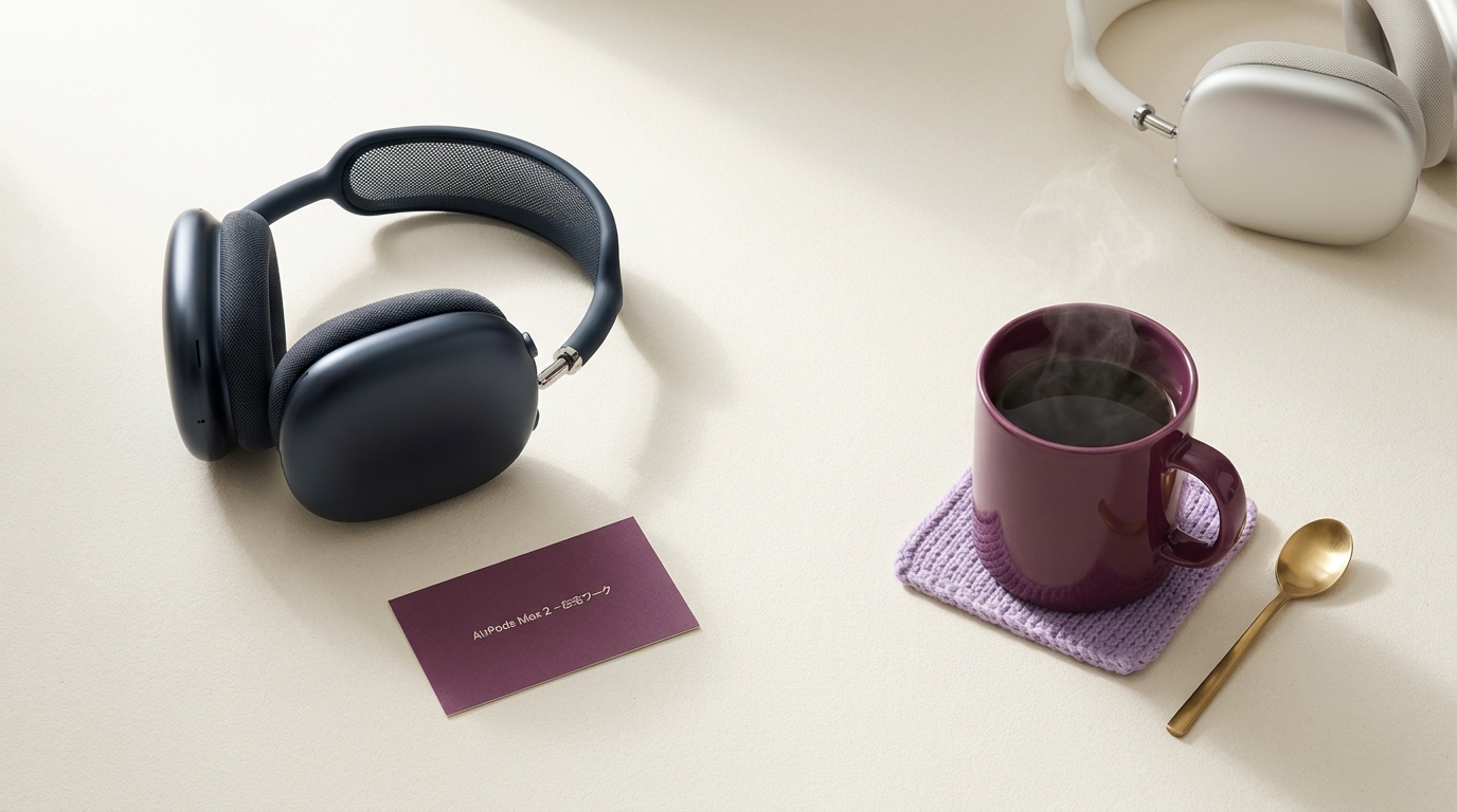 AirPods Max 2 を在宅ワークのデスクに置いた静物写真。アルミのイヤーカップとメッシュのヘッドバンド、ミッドナイト/スターライト/ブルーなど複数カラーが映える。木製デスクと自然光、落ち着いた書斎の空気感。製品の下に小さなプラム色の