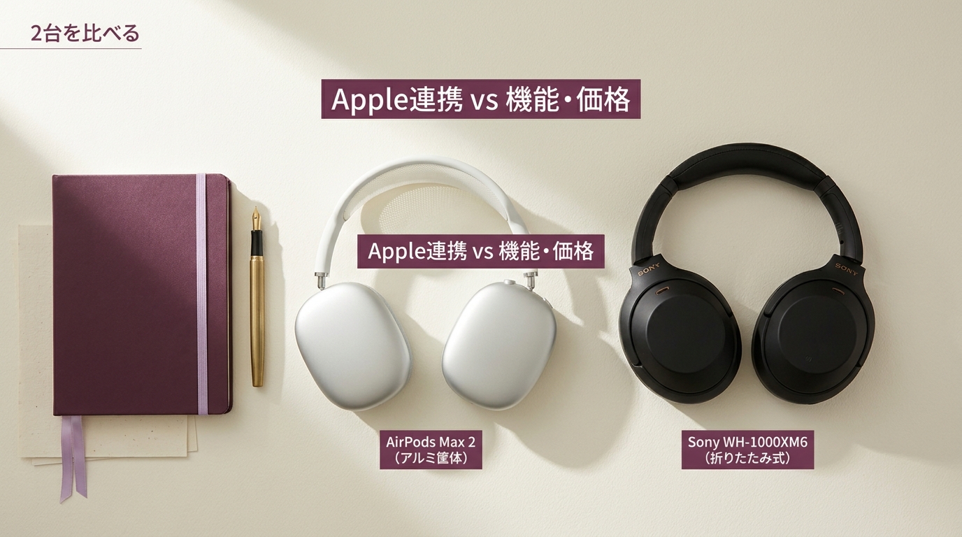 AirPods Max 2 とソニー WH-1000XM6 を並べた比較の静物。左にApple AirPods Max 2(アルミ筐体)、右にソニー WH-1000XM6(折りたたみ式)。中央に「Apple連携 vs 機能・価格」を示すラベ