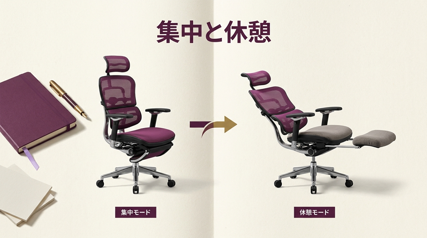 エルゴヒューマン プロ2 オットマンの2つの使い方を対比した静物。左に「集中モード」=前傾チルトでオットマン収納、右に「休憩モード」=リクライニングでオットマンを引き出し足を伸ばした状態。中央に切り替えを示す矢印。各モードの下に小さなプラム