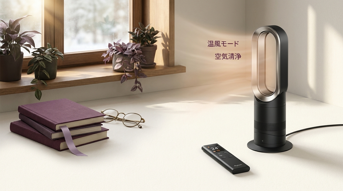 ダイソン HP10 Hot+Cool が冬のリビングで温風モードで稼働している静物。円柱型のブラック/ニッケル本体、液晶リモコンが手前に。窓辺に観葉植物、暖色の自然光。1台で暖房と空気清浄を兼ねる様子