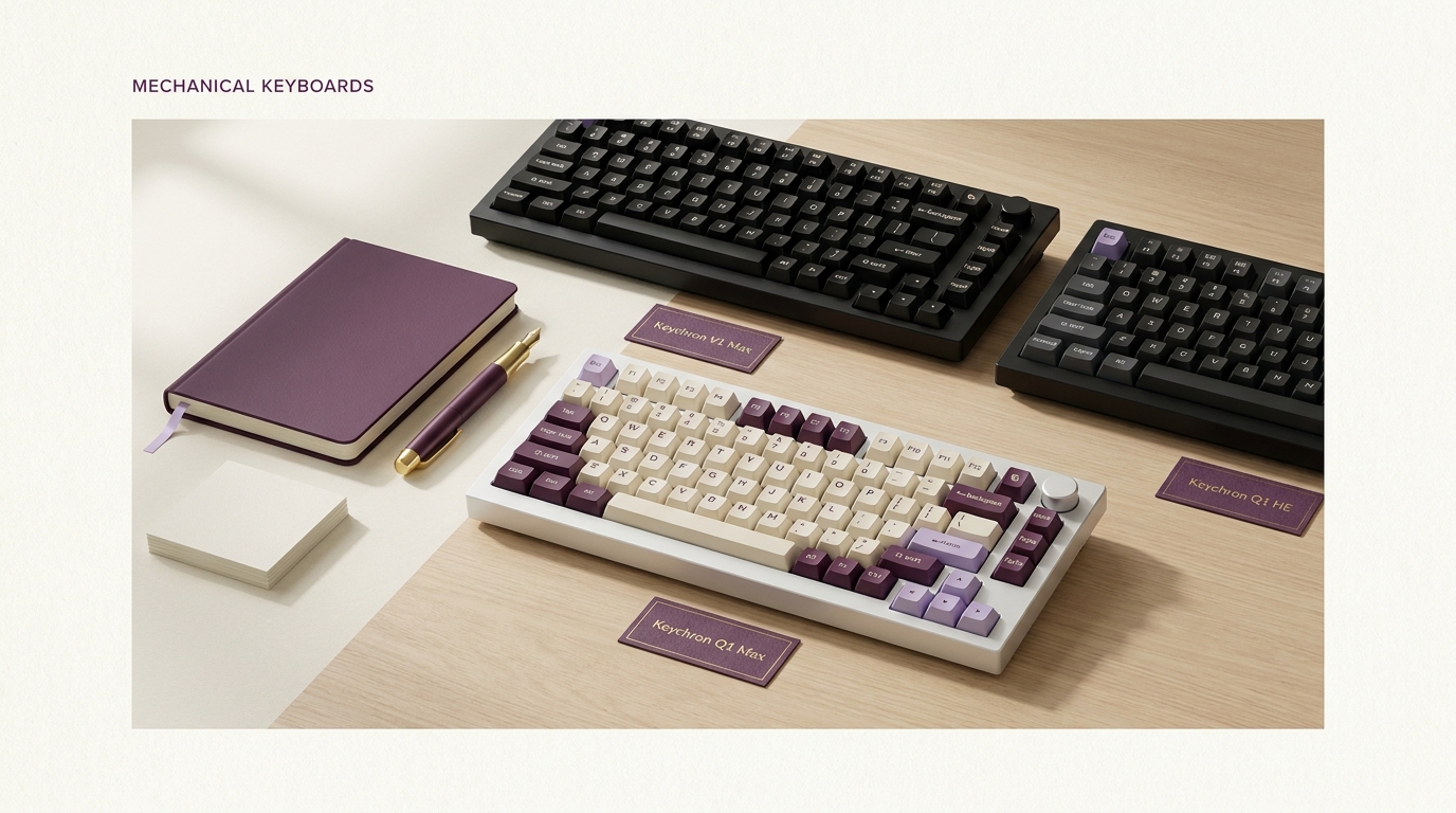 Keychron Q1 Max / V1 Max / Q1 HE の3台の75%メカニカルキーボードが木製デスクに並ぶ静物。手前にシェルホワイトのアルミ筐体とノブ、奥にカーボンブラックの2台。各製品の手前に小さなプラム色のラベルカード。上部
