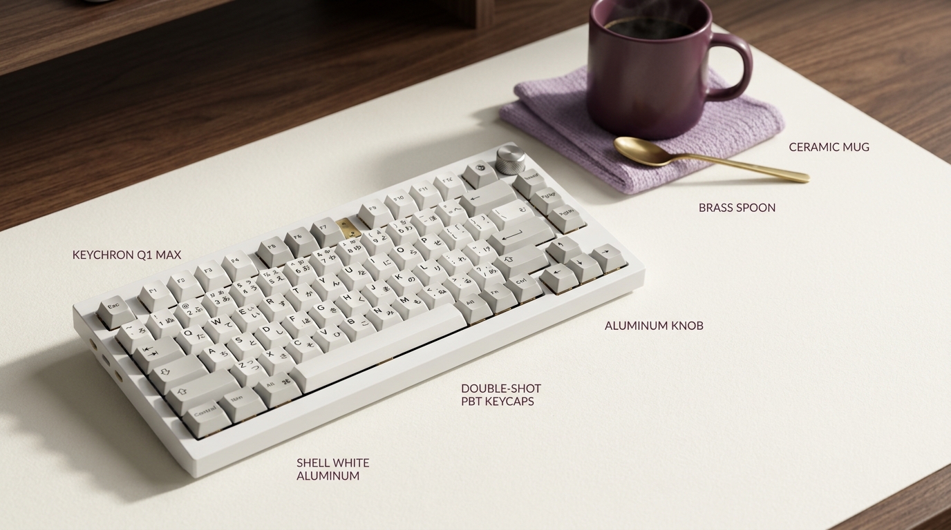 Keychron Q1 Max のノブとキーキャップを斜め上から捉えた接写。シェルホワイトのアルミ筐体、ダブルショットPBTキーキャップの質感、右上の金属製ノブ。奥にボケた木製デスクとコーヒーカップ。落ち着いた自然光