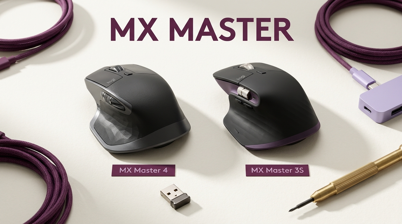 ロジクール MX Master 4 と MX Master 3S の2台のワイヤレスマウスが木製デスクに並ぶ静物。左に新型の4(マイクロテクスチャー樹脂のグラファイト)、右に3S(ラバー仕上げ)。手前にUSB-Cレシーバー。各製品の手前に小