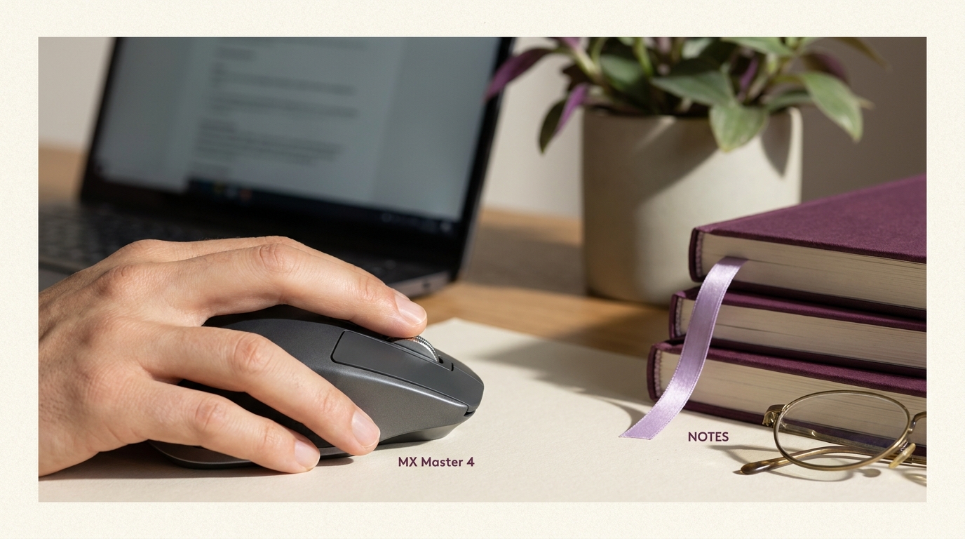 ロジクール MX Master 4 を手のひらで握った角度からの接写。親指のサムホイール、Actions Ringボタン、マイクロテクスチャー樹脂のグラファイト表面。奥にボケたノートPCと観葉植物。落ち着いた自然光の書斎