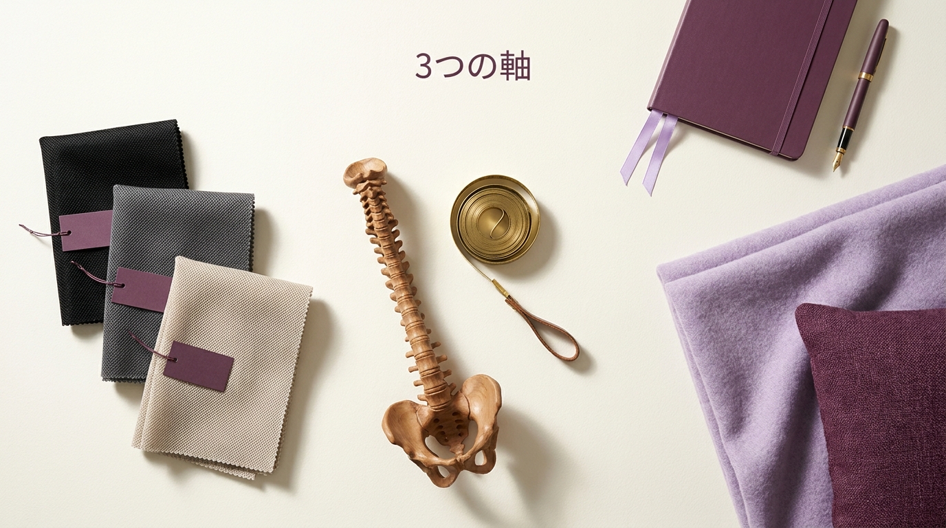 白い天板の上に、オフィスチェア選びの3つの判断軸を象徴する要素を並べた俯瞰の静物。左に価格タグのついた小さなメッシュ生地のサンプル片が3枚、中央に人の背骨の形をした木製のオブジェとメジャー、右に折りたたまれたブランケットと小さなクッション。